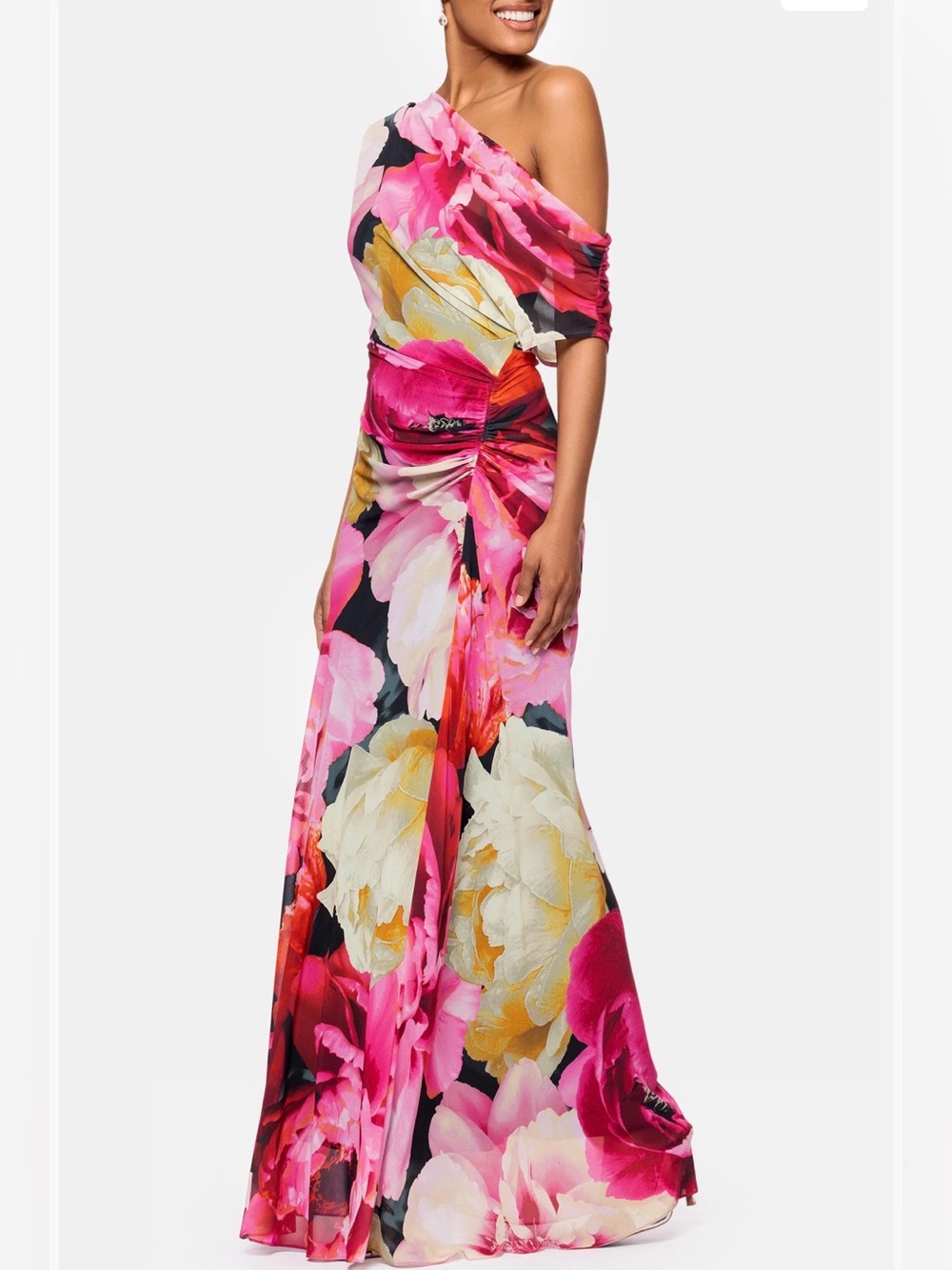 BETSY & ADAMS Floral One-Shoulder Gown